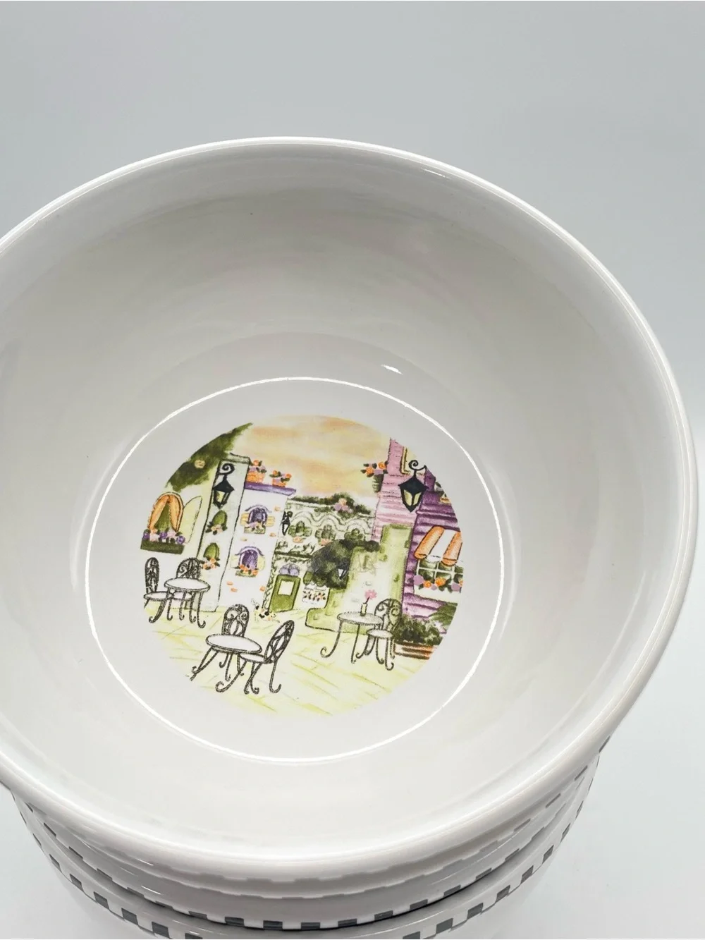 Set of 4 Bistro Cafe Scene Soup Bowls  6” Wide Black Check Border Ceramic